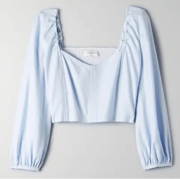 Babaton Aritzia Hadwyn Smocked Cropped Light Blue Women's Sz XXS BLOUSE - Picture 3 of 8